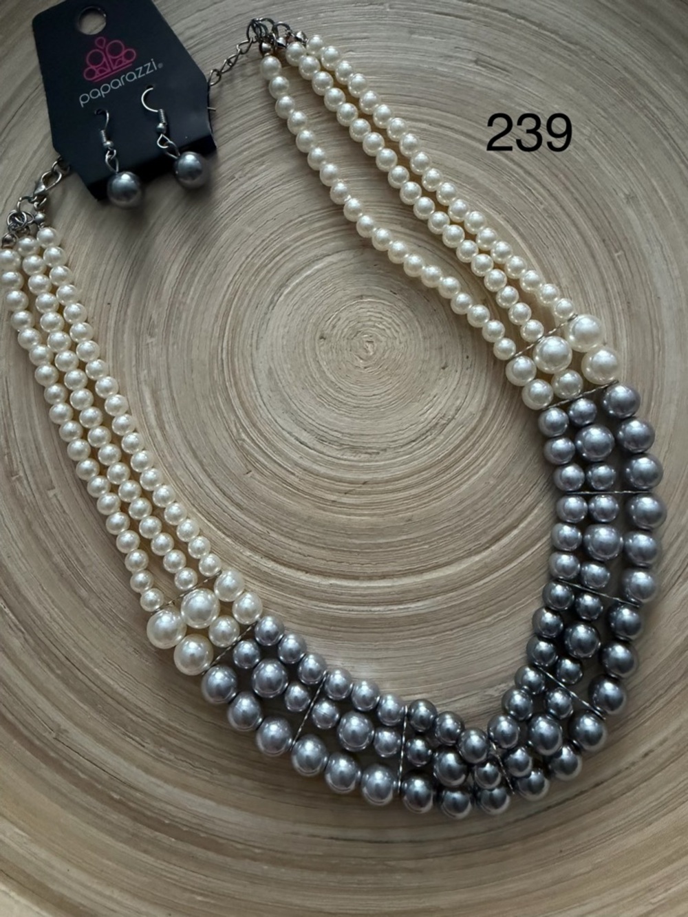 239 Paparazzi Two-Tone Pearl Multi-Strand Necklace - White & Gray